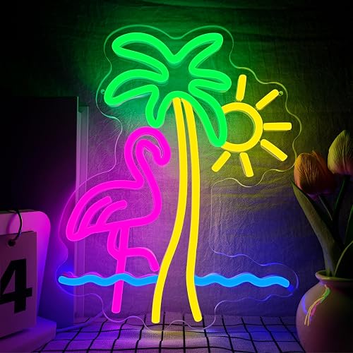 Flamingo Sun Palm Tree Neon Sign for Wall Decor Flamingo Led Neon Lights Sun Wave Neon Signs Dimmable for for Bedroom Living Room Man Cave Bar Club