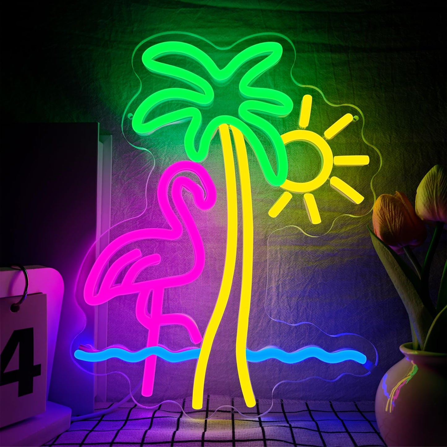 Flamingo Sun Palm Tree Neon Sign for Wall Decor Flamingo Led Neon Lights Sun Wave Neon Signs Dimmable for for Bedroom Living Room Man Cave Bar Club