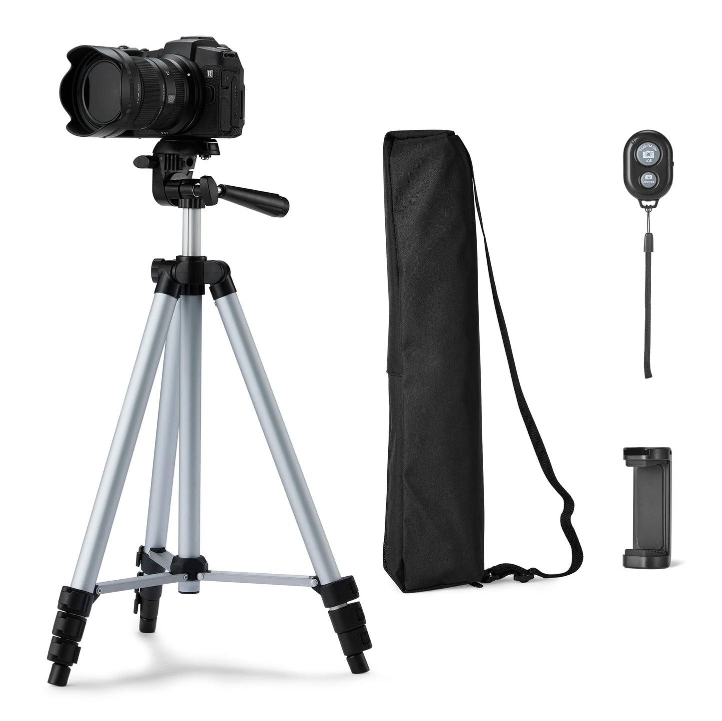 Amazon Basics 50" Lightweight Tripod for Camera and Phone with Travel Bag, Remote Control and Phone Holder, Height Adjustable, Aluminum, Silver