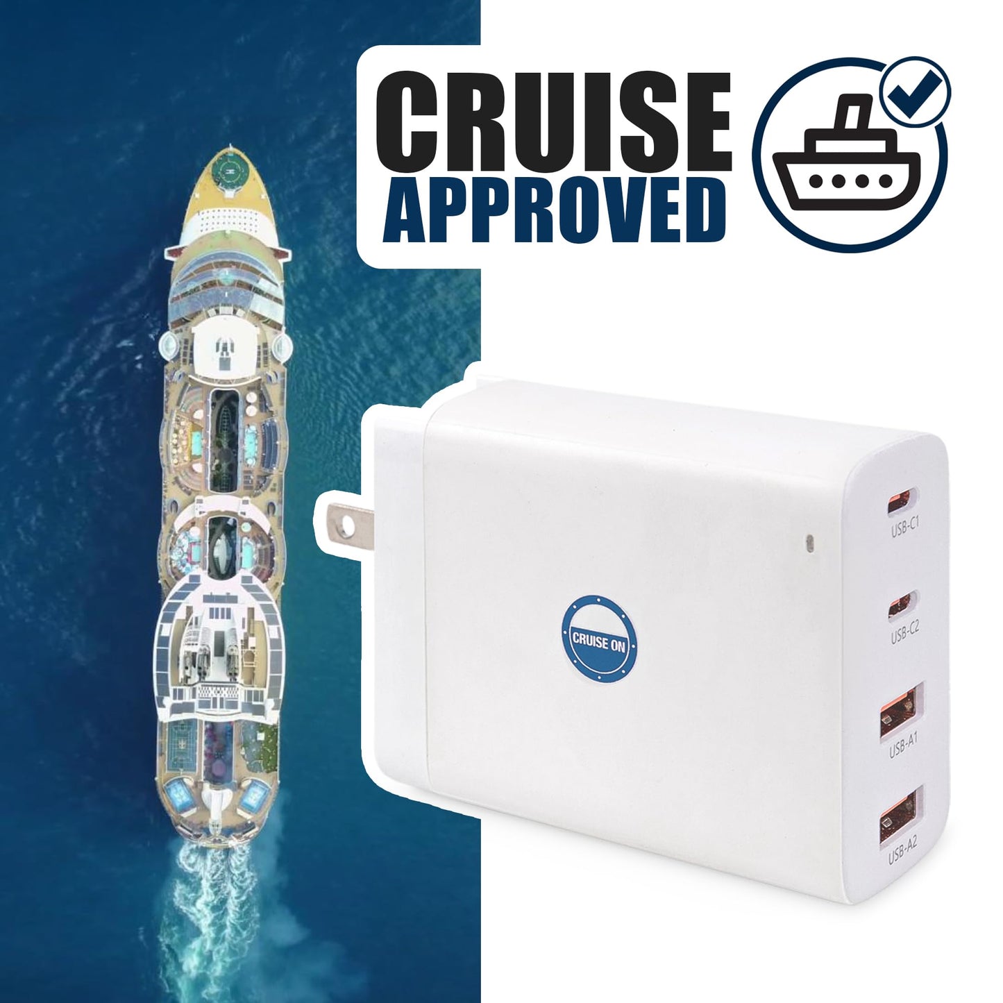 Cruise Approved Power Strip (Royal Caribbean, Disney & More) - Non Surge Charger [2 USB, 2 USB-C] 4-Port Charging Block w/Foldable Plug for iPhone