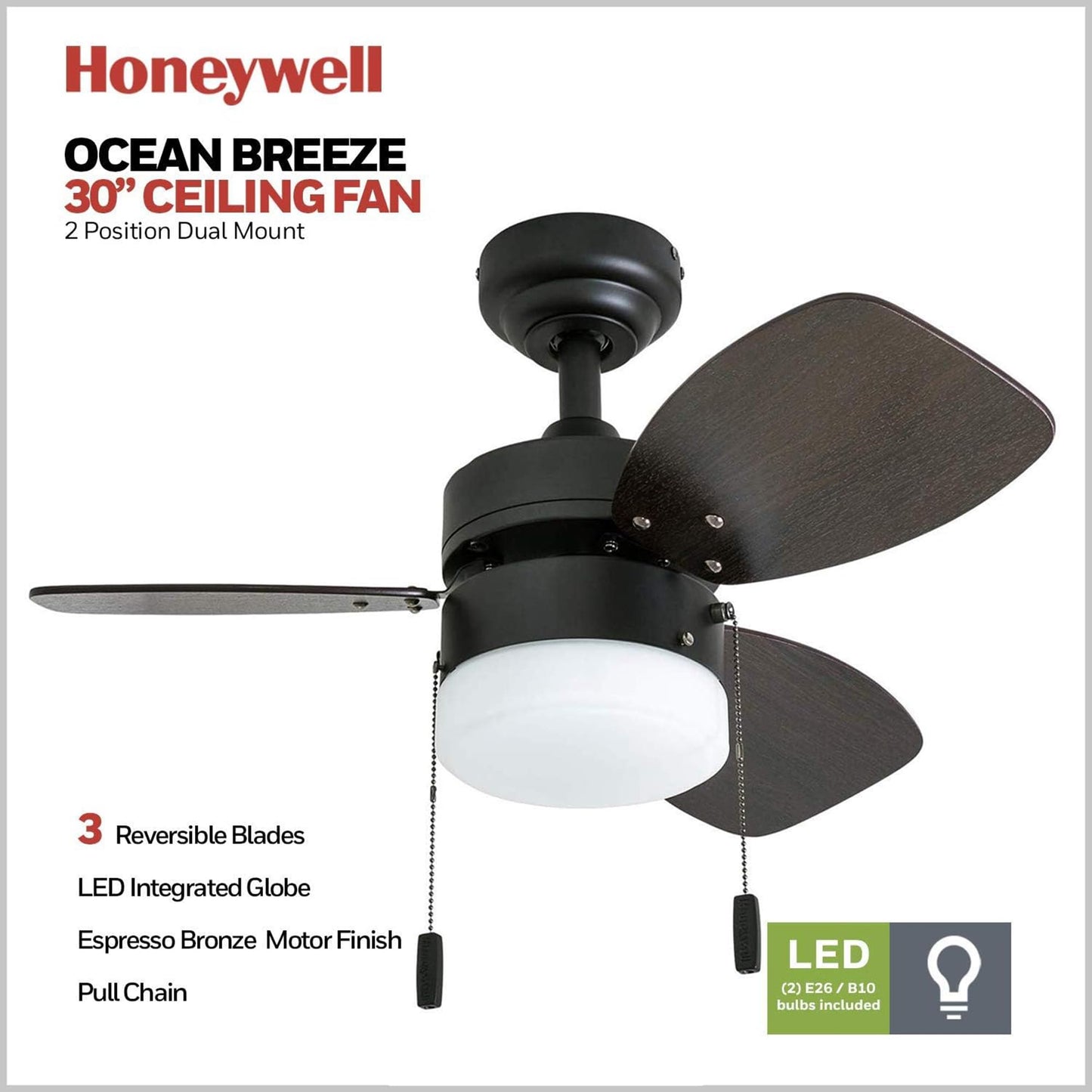 Honeywell Ceiling Fans Ocean Breeze Modern 30 Inch Ceiling Fan with Light, Pull Chain LED Indoor Fan with 3 Blades, Dark Brown Chestnut and Light Oak