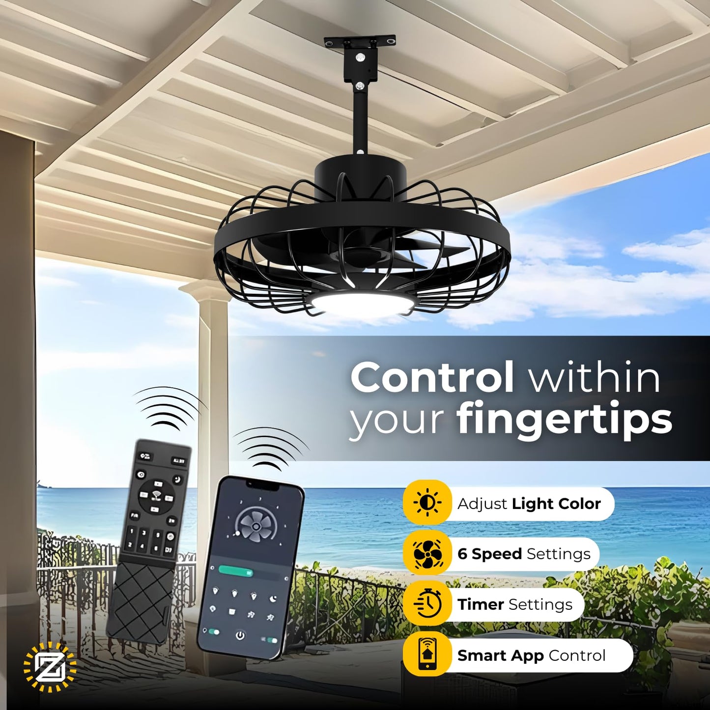 ZeboZap 16" Outdoor Ceiling Fan with Lights, IP65 WaterProof with for Patios, Canopy, Gazebo, and Pergola. Plug in Caged Fan with Remote Control