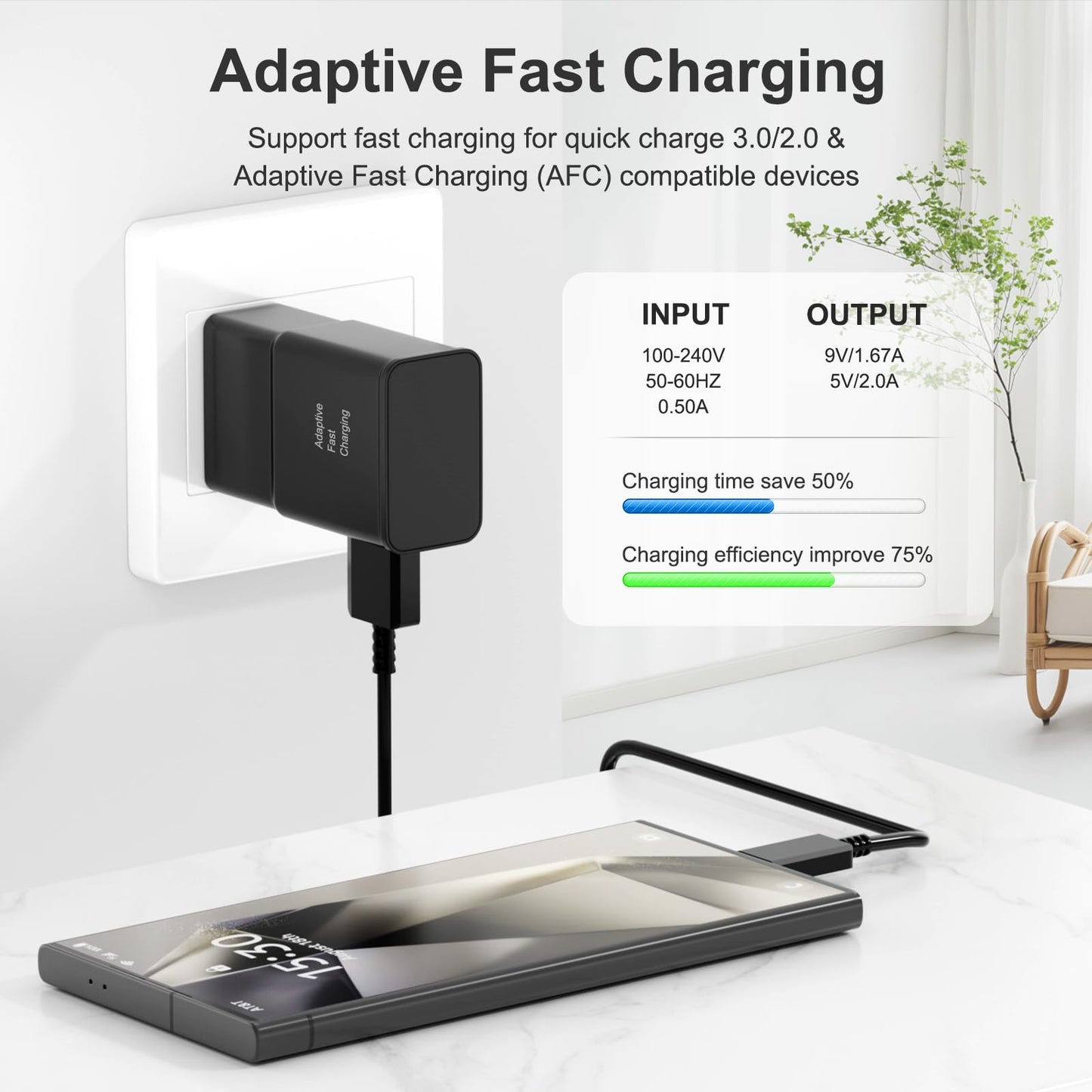 Samsung Adaptive Fast Charging USB Wall Charger Adapter for Samsung Galaxy S26/S26 Ultra/S26+/S25 Ultra/S25/S25+/S25/s24/s23S8 S9 / Edge/Plus/Active