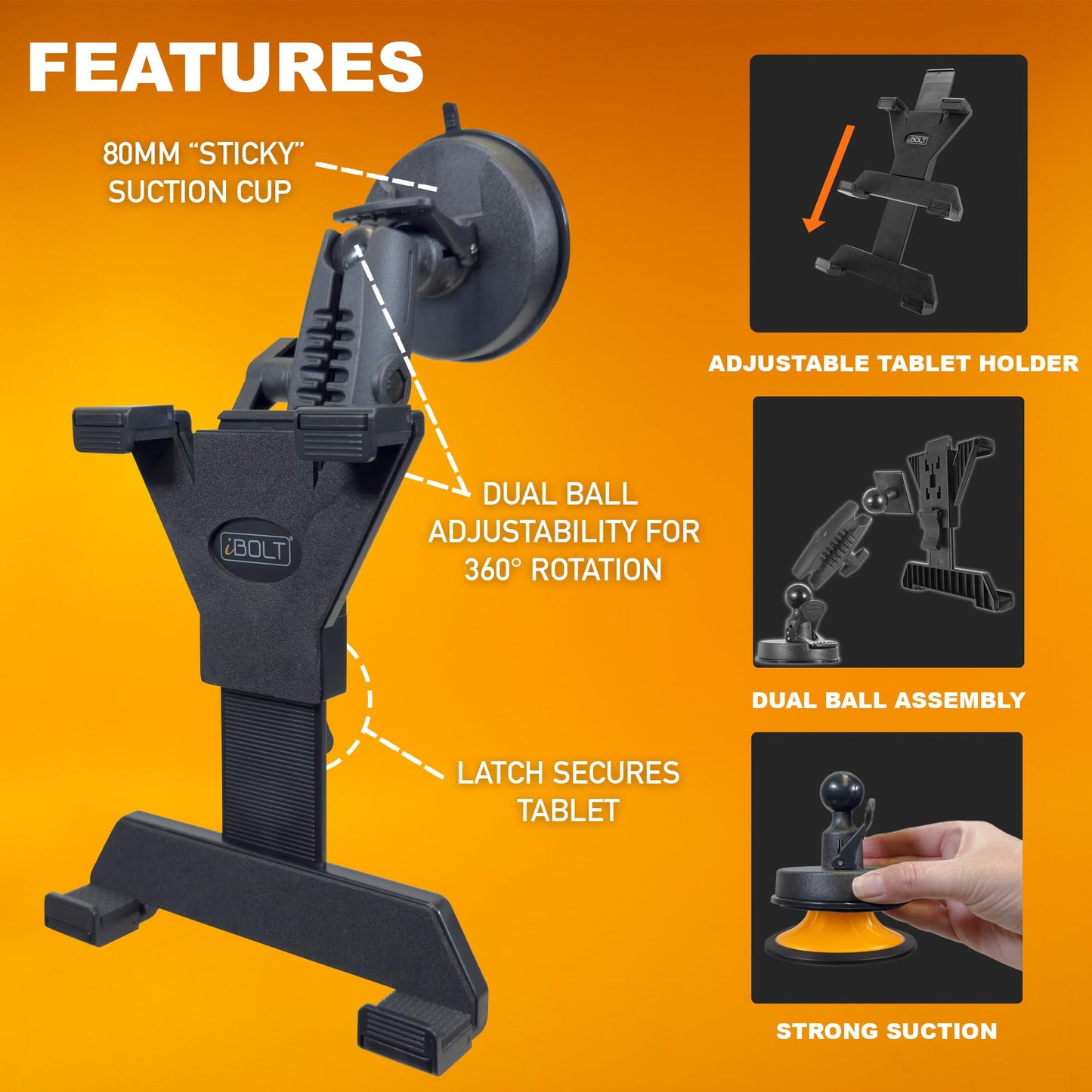 iBOLT TabDock BizMount Heavy Duty Tablet Mount with Suction Cup Base - Universal 7"-10" Holder for Trucks, Vans, SUVs, Aviation & Work Vehicles