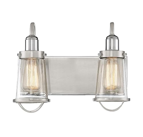 Savoy House 8-1780-2-111 Lansing Industrial Nautical Clear Glass Bathroom Vanity Wall Light, 2-Light 120 Total Watts, 10" H x 14" W, Satin Nickel