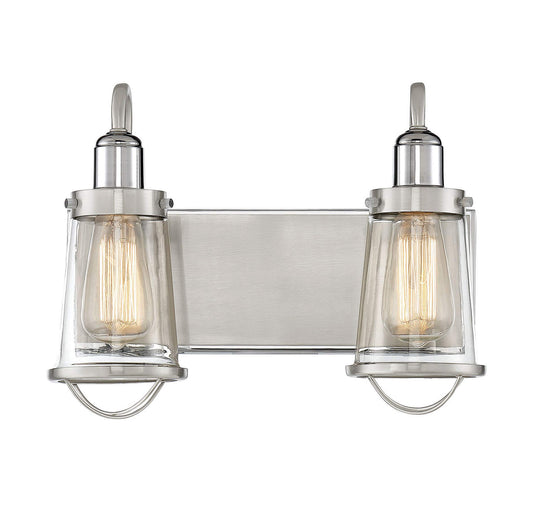 Savoy House 8-1780-2-111 Lansing Industrial Nautical Clear Glass Bathroom Vanity Wall Light, 2-Light 120 Total Watts, 10" H x 14" W, Satin Nickel