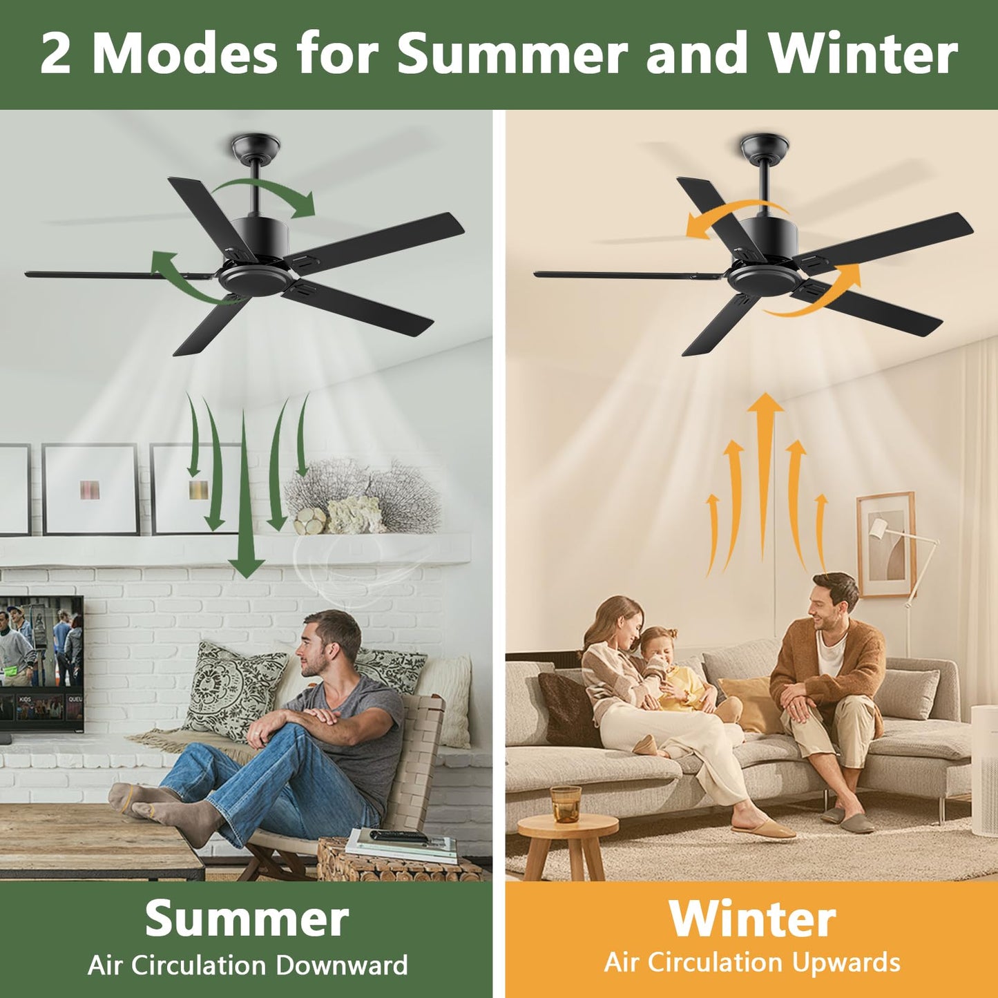 Obabala Outdoor Ceiling Fan No Light, 60 Inch Black Modern Ceiling Fan Without Light, Dual Finish 5 Blades,6 Speed, Reversible Quiet DC Motor