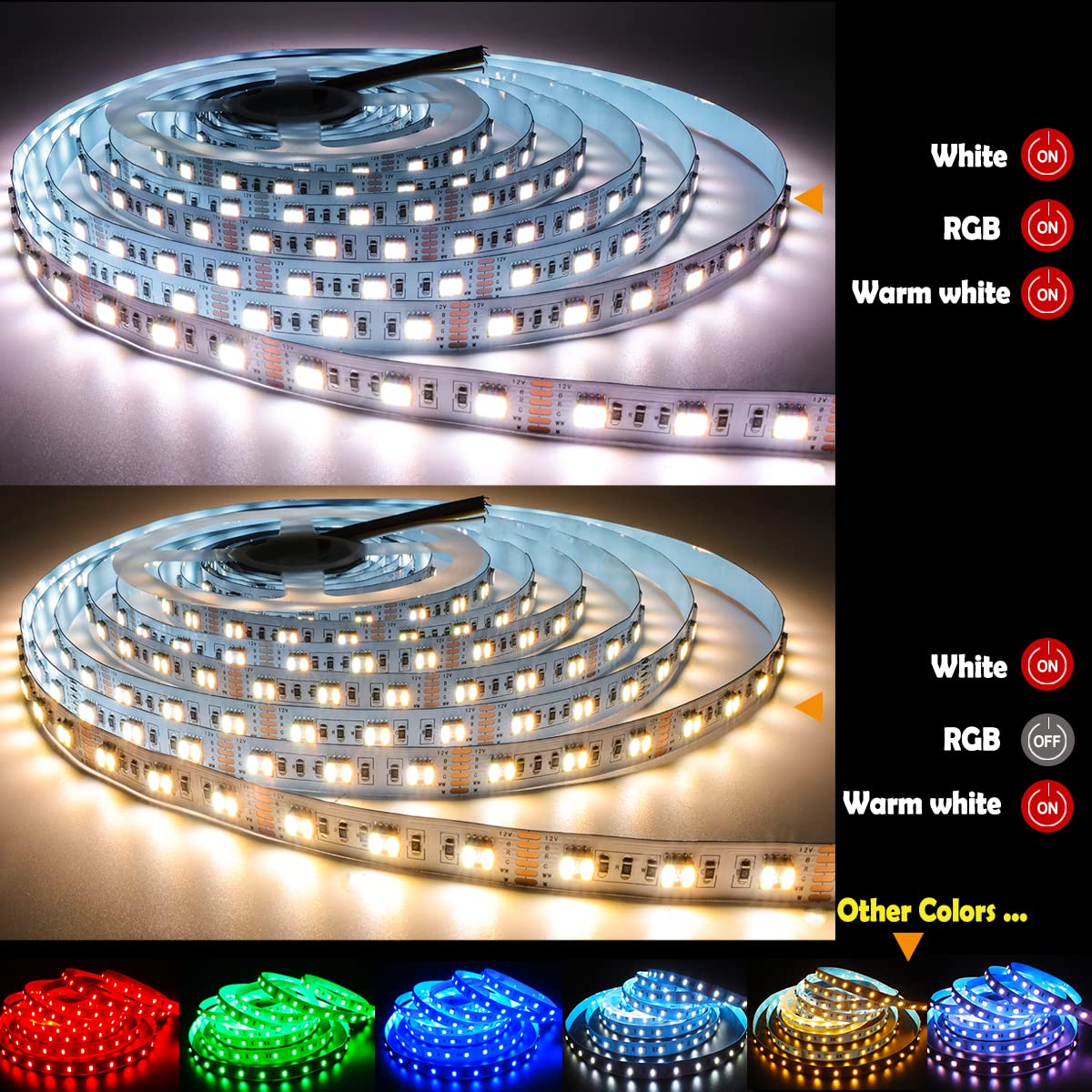 Tesfish 12V 5 in 1 LED Strip Lights RGB + CCT, RGB + White + Warm White (2800K to 6500K) RGBCW 5M Mixed Colour Adjustable Light Strips IP20 300 LEDs