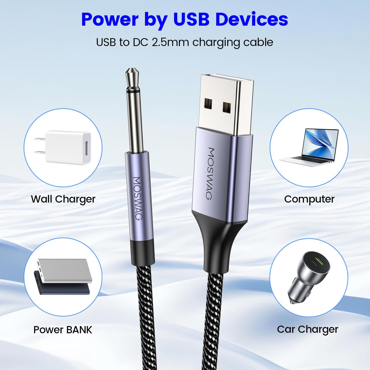MOSWAG USB DC Charging Cable 2.5mm, 3ft Replacement DC Charging Cable USB Fast Charging Cord -1 Pack (2.5mm Port, Length 19mm)-(This is NOT Barrel