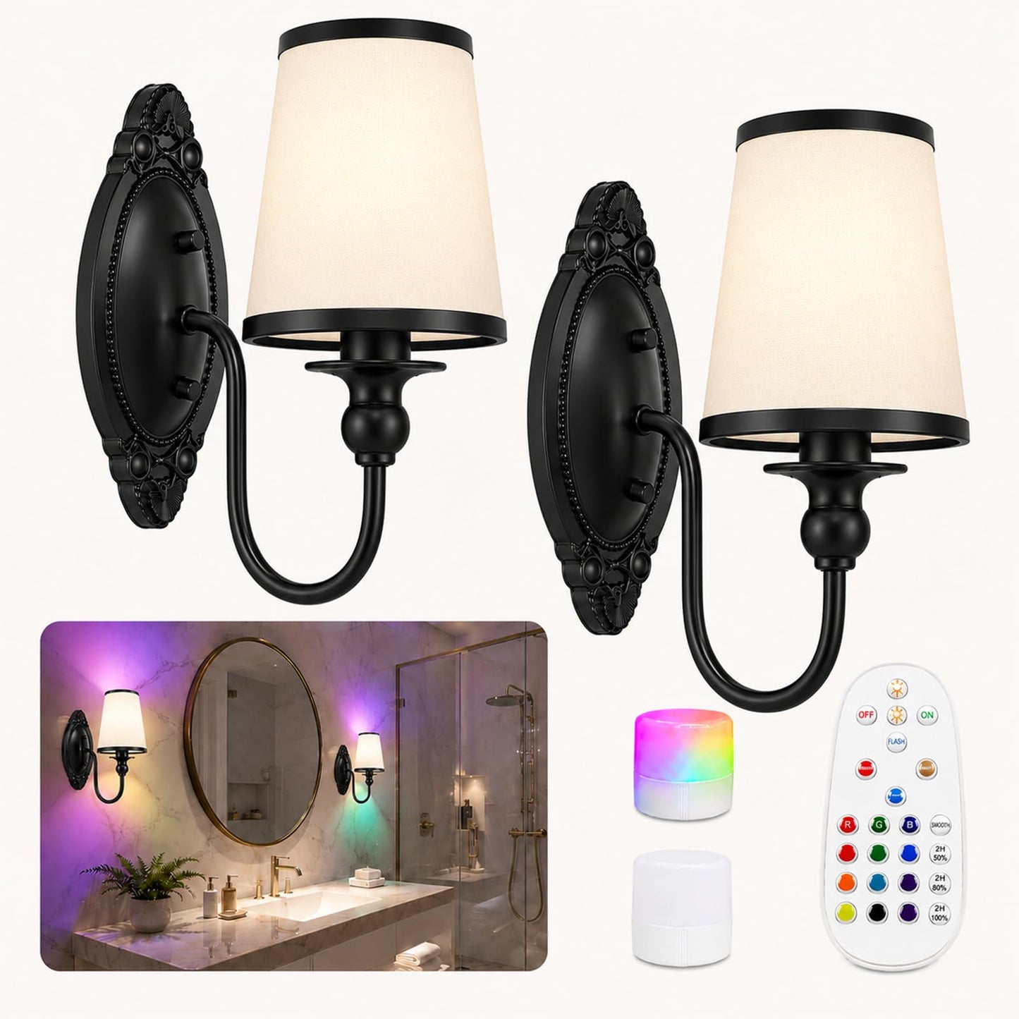 Battery Operated Wall Sconce Set of 2, Wall Sconces Set of Two with 3 Color Temperatures, 12 RGB Colors, 10%-100% Dimmable, Wireless Wall Lights