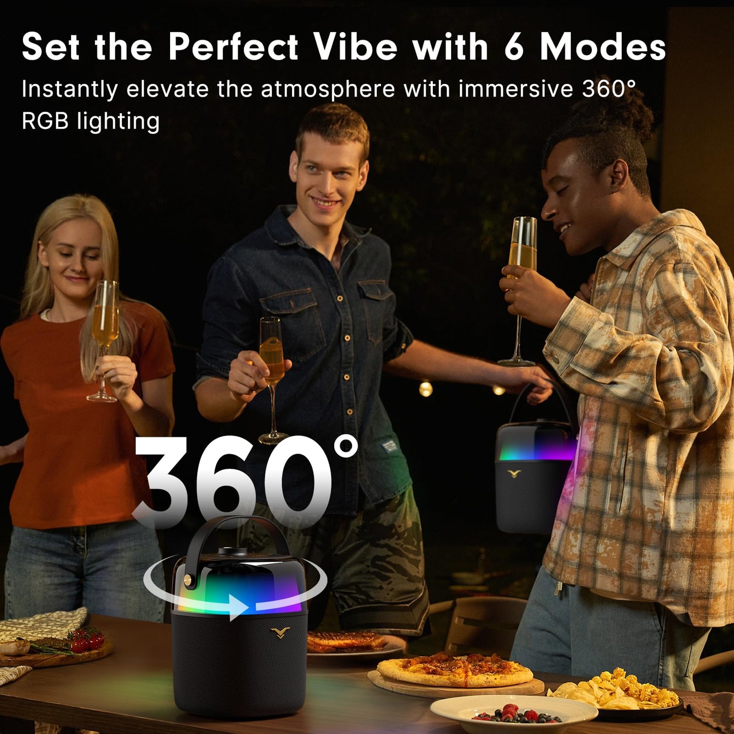 S2 Bluetooth Speaker, Portable Wireless Speaker with 80W Peak Power, Enhanced Bass/Treble, IPX5 Waterproof, 360-degree LED Lights, 12H Playtime, TWS