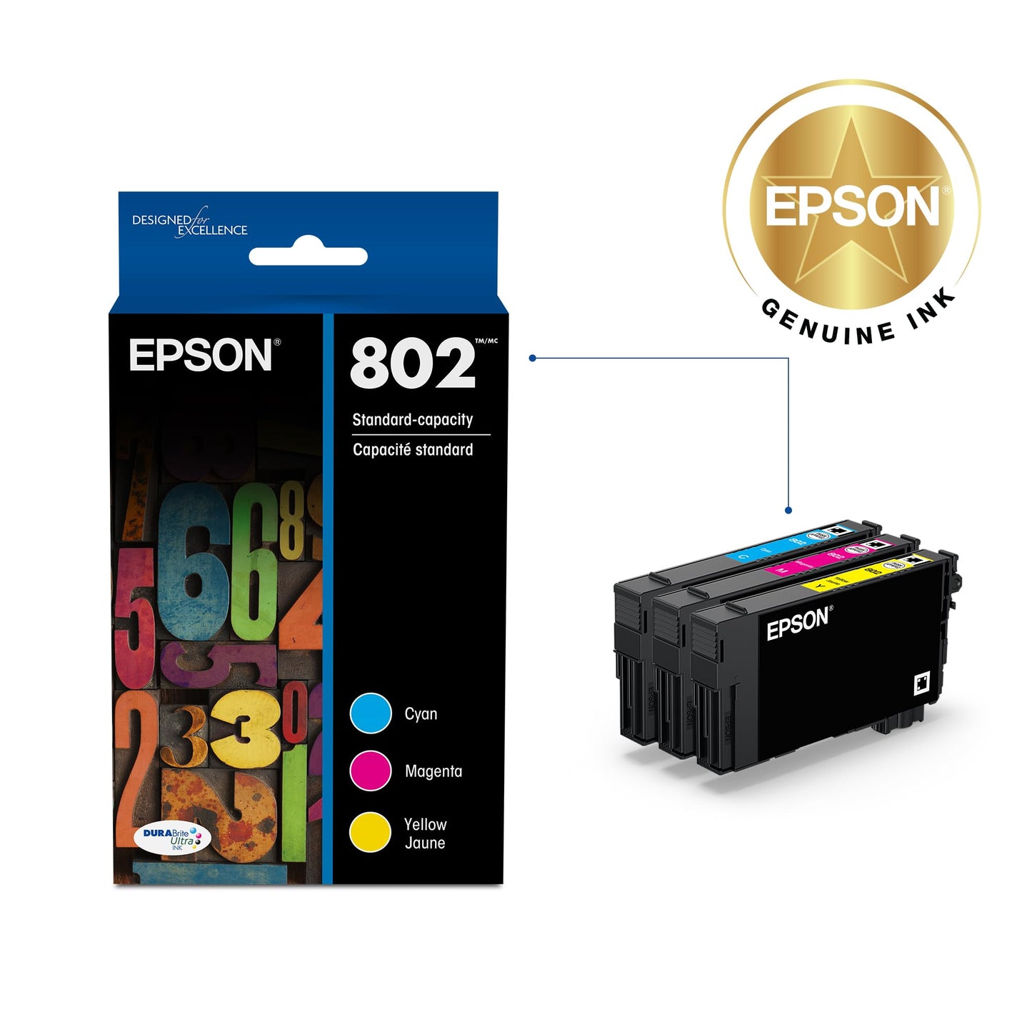EPSON 802 DURABrite Ultra Ink Standard Capacity Color Combo Pack (T802520-S) Works with WorkForce Pro WF-4720, 4730, 4734, 4740