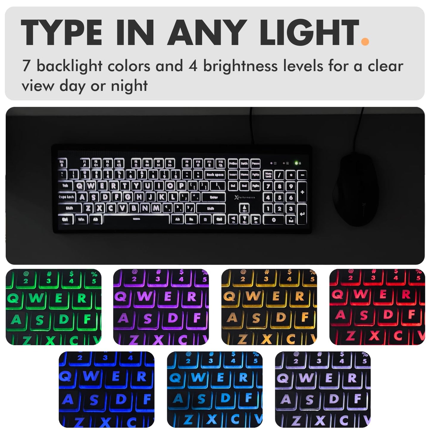 X9 Performance Wired Keyboard and Mouse Combo - Large Print Backlit Keys for Seniors, Lighted Computer Keyboard Wired, 7 LED Colors, 4 DPI Modes, USB