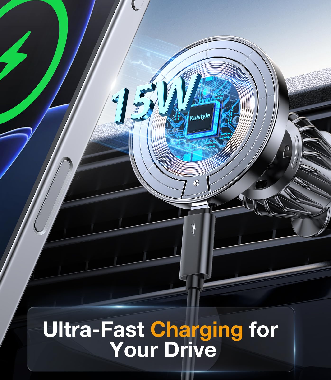 Kaistyle for MagSafe Car Mount Charger?Stronger Magnets?Magnetic Wireless Car Charger with Dashboard Pad Mounting Phone Holders for Your Car