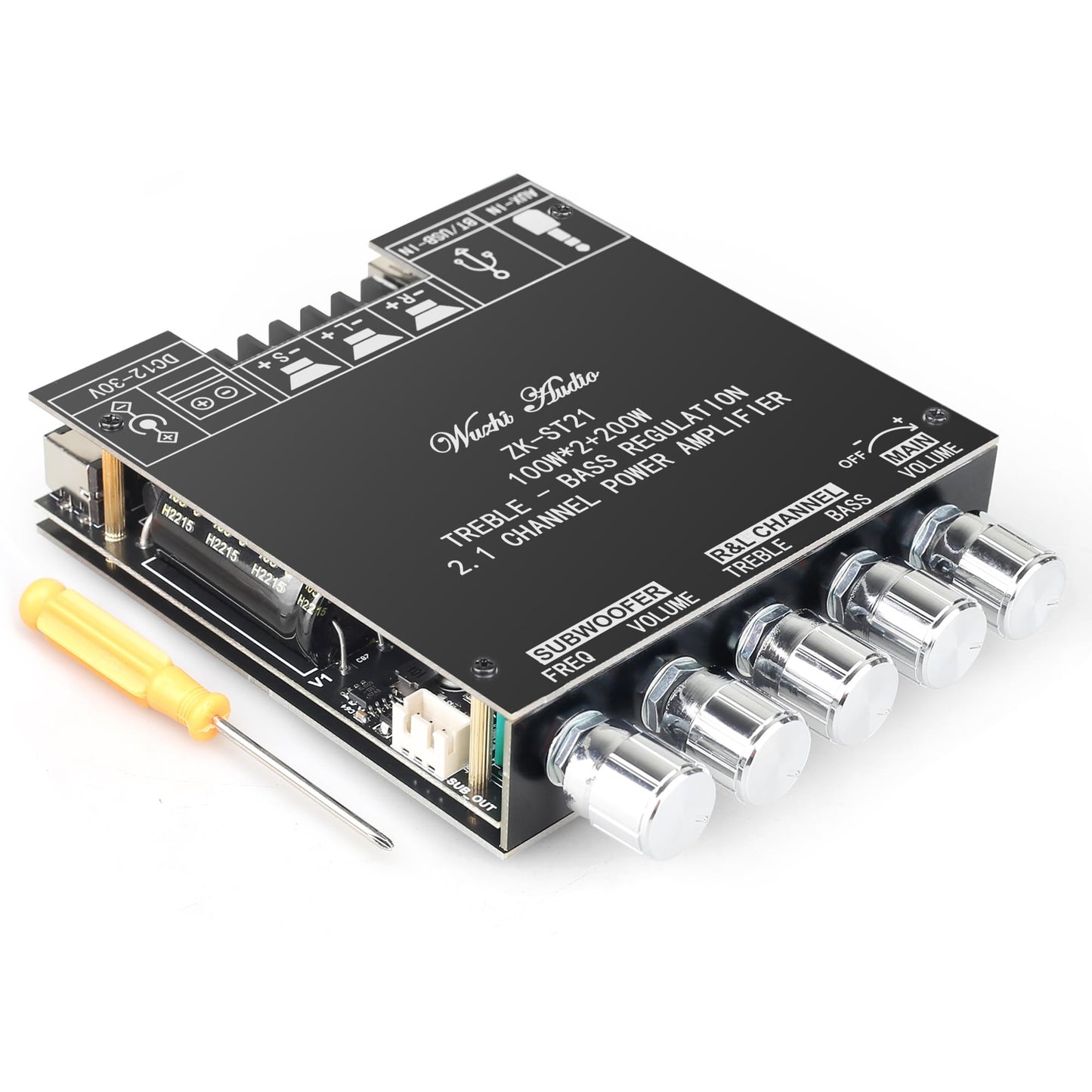 ZK-ST21 100Wx2+200W 2.1Channel Bluetooth Amplifier Board with Subwoofer, TPA3221 Chip, Bass/Treble Control, Bluetooth/AUX/USB Input, 12-30V Wide
