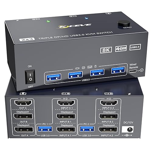 8K KVM Switch 3 Monitors 2 Computers 8K@60Hz 4K@144Hz,3 Monitors KVM Switch for 2 Computers Sharing Triple Monitors,Keyboard,Mouse,Printer