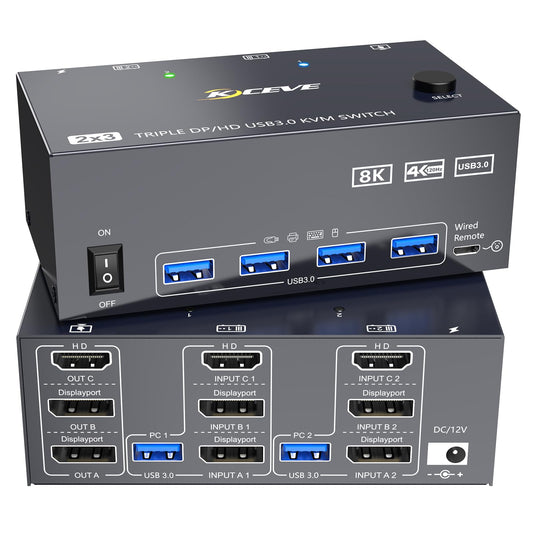 8K KVM Switch 3 Monitors 2 Computers 8K@60Hz 4K@144Hz,3 Monitors KVM Switch for 2 Computers Sharing Triple Monitors,Keyboard,Mouse,Printer