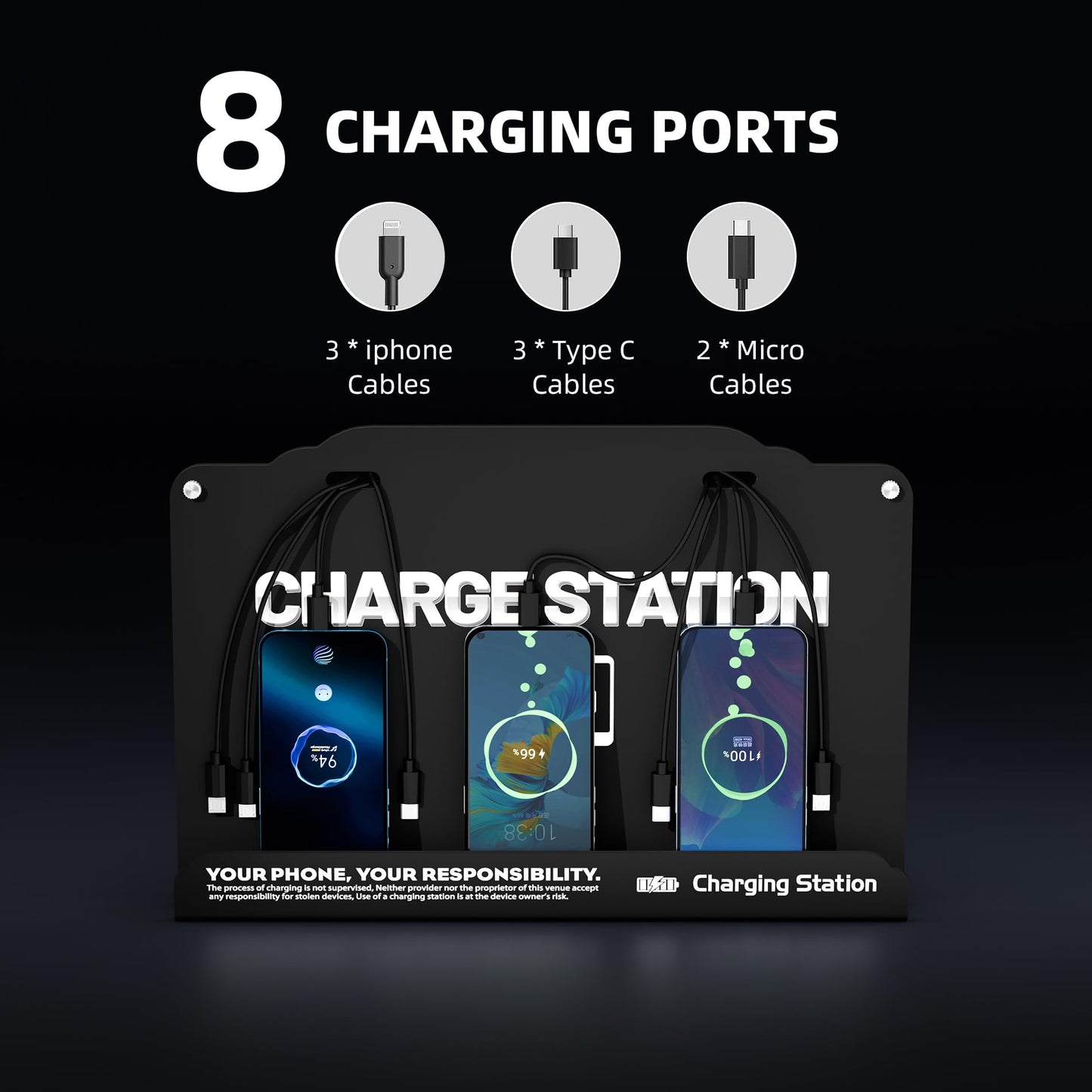 Wall Mounted 8 Port Charging Station with Fast Charigng Cables - Multi Device Charging Dock for Office, Hotel & Public Spaces | Compatible with iPhone