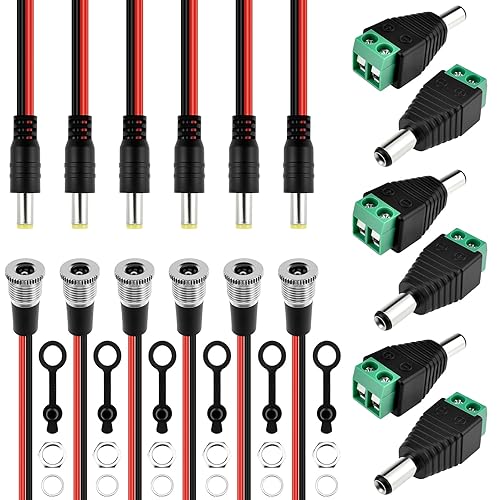 MILYARD 6Sets 5.5x2.1MM Metal DC Power Female Jack with Waterproof Cap & Male Pigtail | Solder-Free Barrel Adapter | for CCTV, Audio Video & DIY