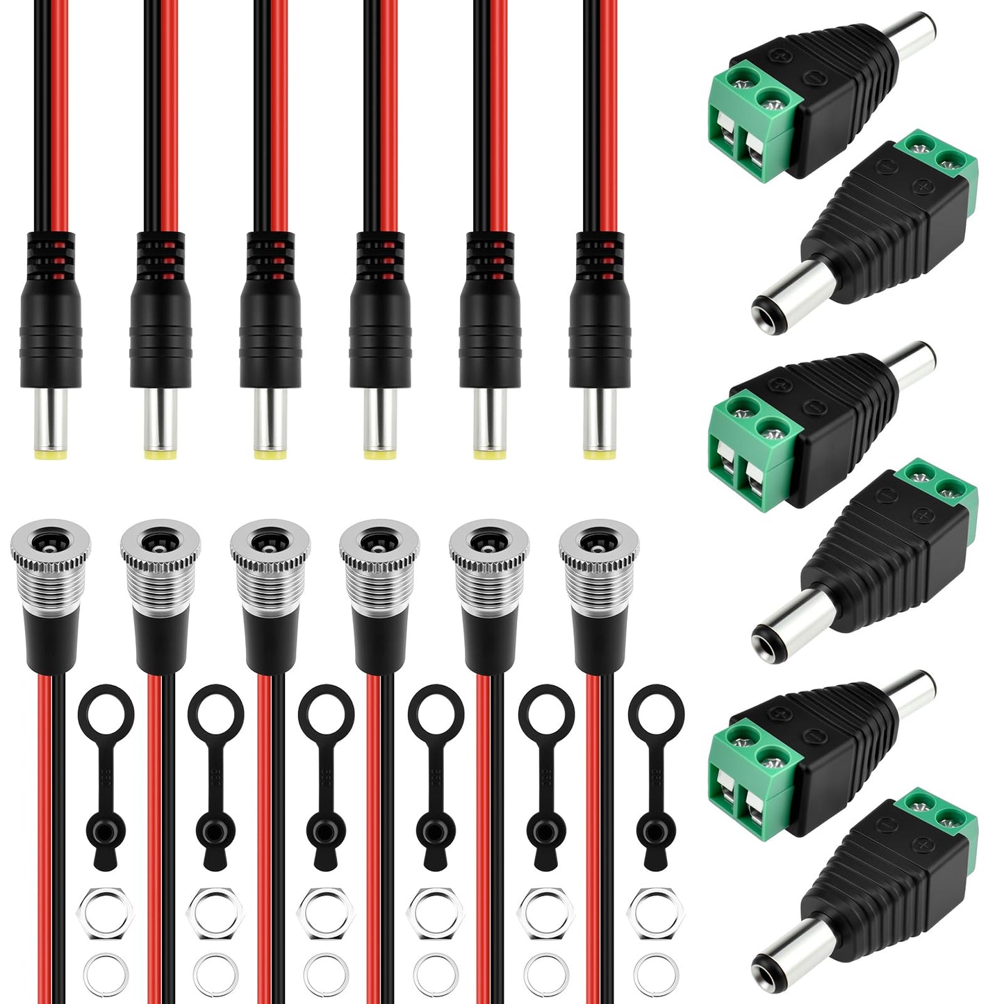 MILYARD 6Sets 5.5x2.1MM Metal DC Power Female Jack with Waterproof Cap & Male Pigtail | Solder-Free Barrel Adapter | for CCTV, Audio Video & DIY