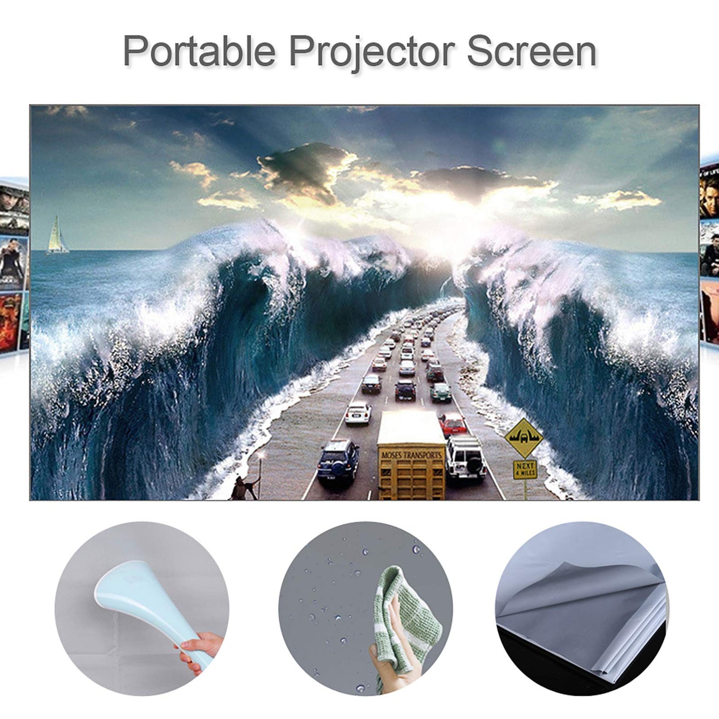 60-inch Portable Projector Screen HD 16:9 Frameless Video Projection Screen Foldable Wall Mounted for Home Theater Office Movies
