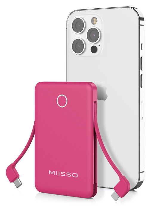 miisso 6000mah Ultra Slim Built in Cables Power Bank, Card Size Built in USB C Cords Battery Pack Portable Charger for Phones, 3 Output External