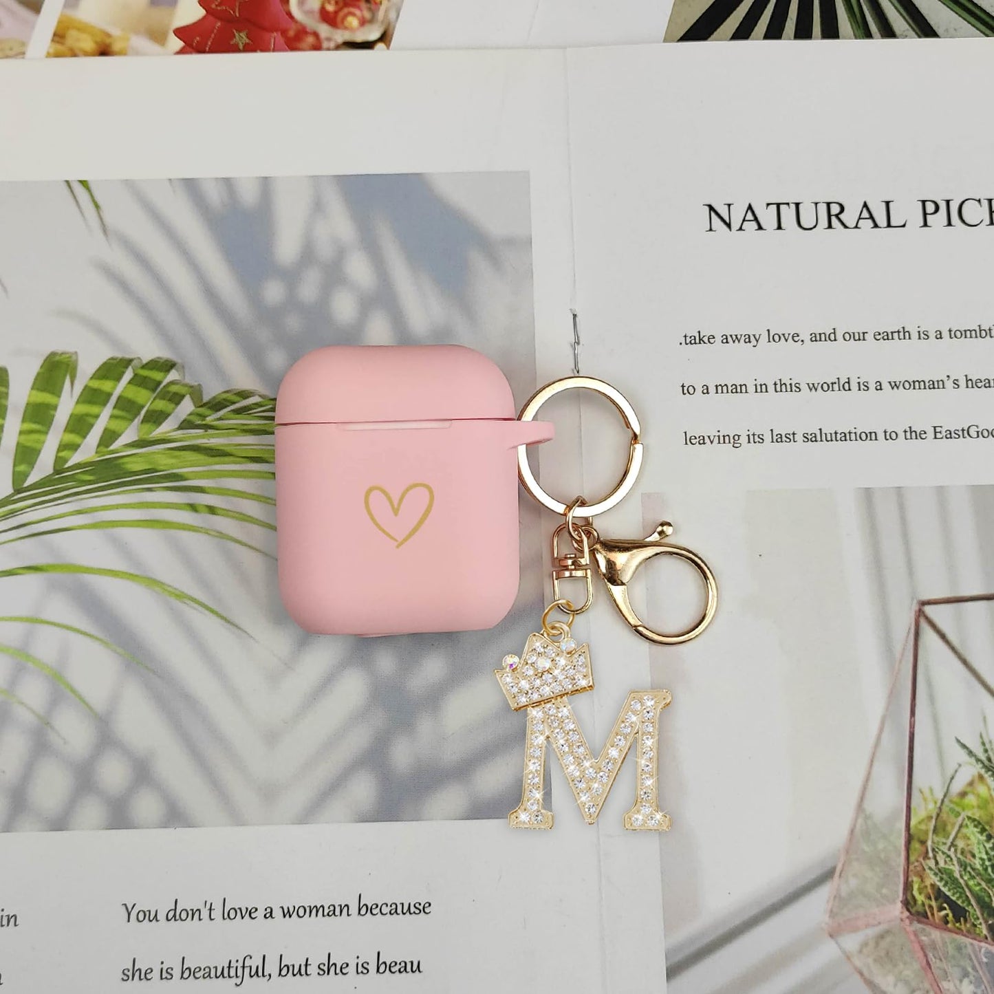 AIIEKZ Compatible with AirPods Case Cover, Soft Silicone Case with Gold Heart Pattern for AirPods 2&1 Generation Case with Rhinestone Studded Letter