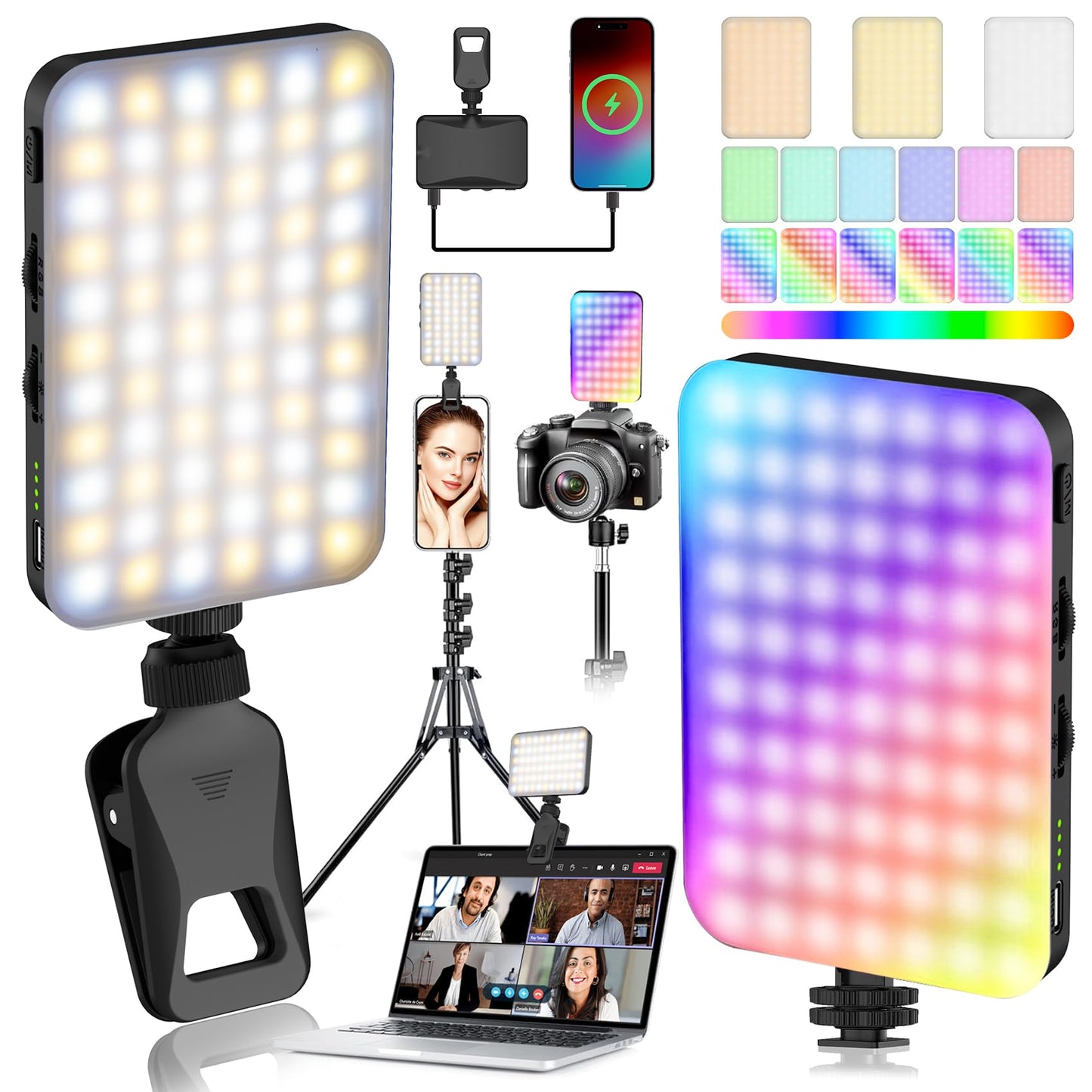 91 LED Portable Charger Selfie Light Video Conference Lighting with Clip & Camera Tripod Adapter Rechargeable 2000mAh CRI 96+, 4 Light Modes for Phone