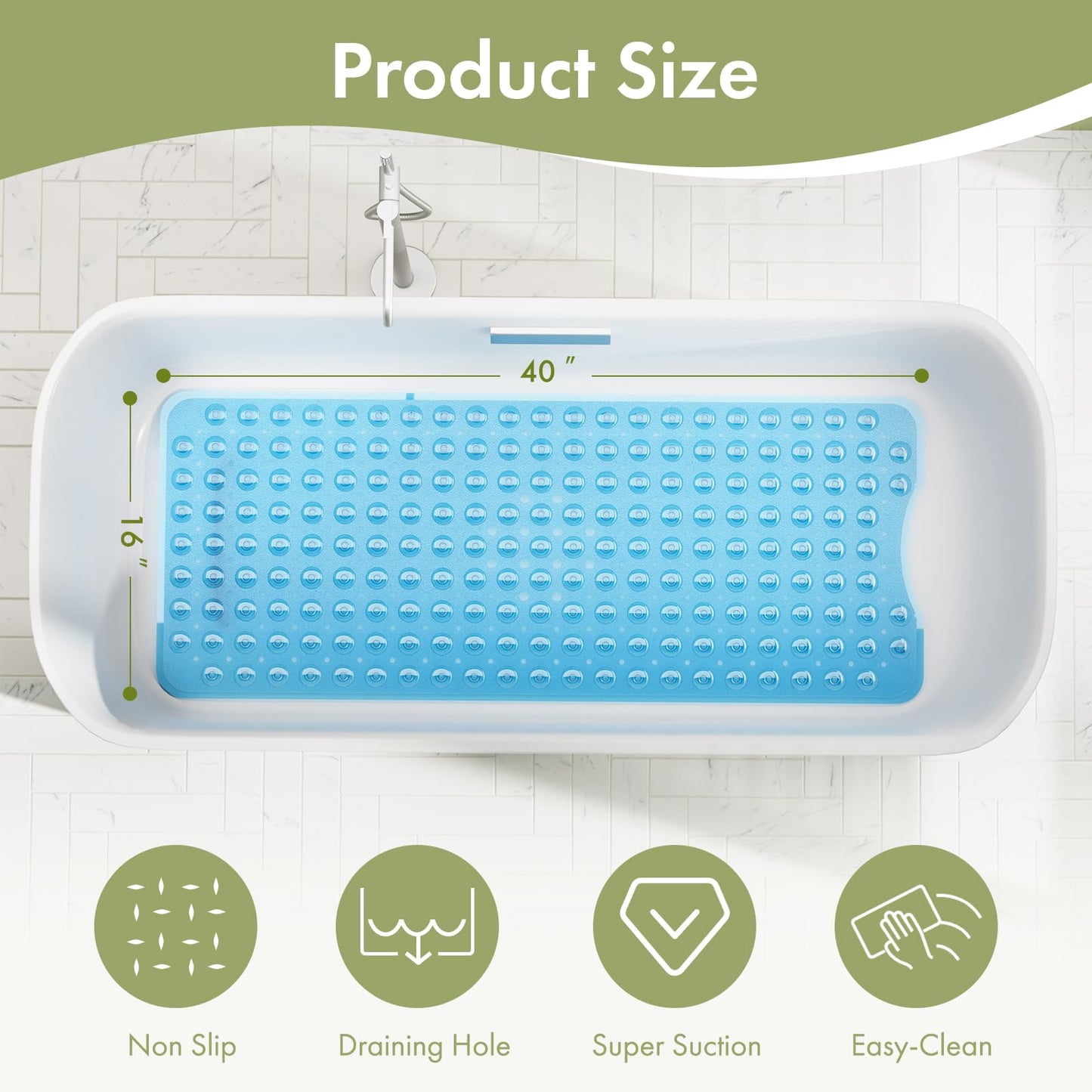 AmazerBath Non-Slip Shower Mat 40x16 – Bath Tub Mat with Suction Cups & Drain Holes for Kids & Elderly, Clear Blue