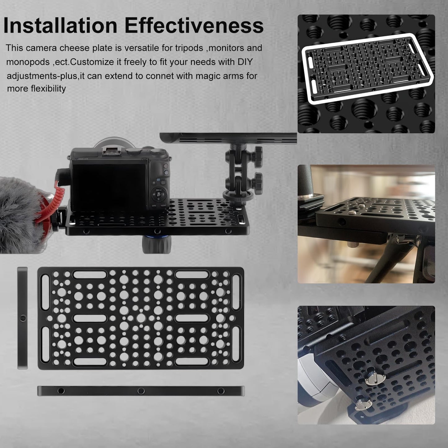 DINESK Multi-Functional Camera Cheese Plate with 1/4"& 3/8 Threads,7.87"/200mm Large Cheese Plate Aluminum Alloy Breadboard for Cameras,Monitors