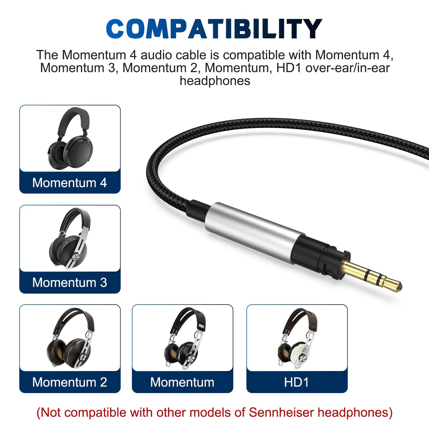 Momentum 4 Cable Compatible with Sennheiser Momentum 4, Momentum 3, Momentum 2, HD1 On-Ear, HD 400S, HD 450BT, PXC 550, PXC 550-II, ACCENTUM Plus…