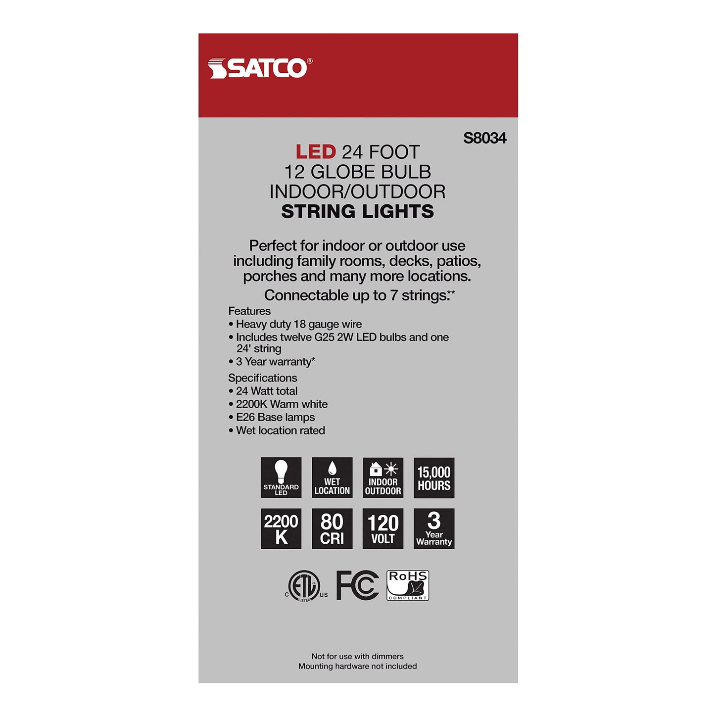 Satco S8034 LED Indoor/Outdoor String Lights, Black, G25 Bulbs, 24 Feet (Pack of 1)