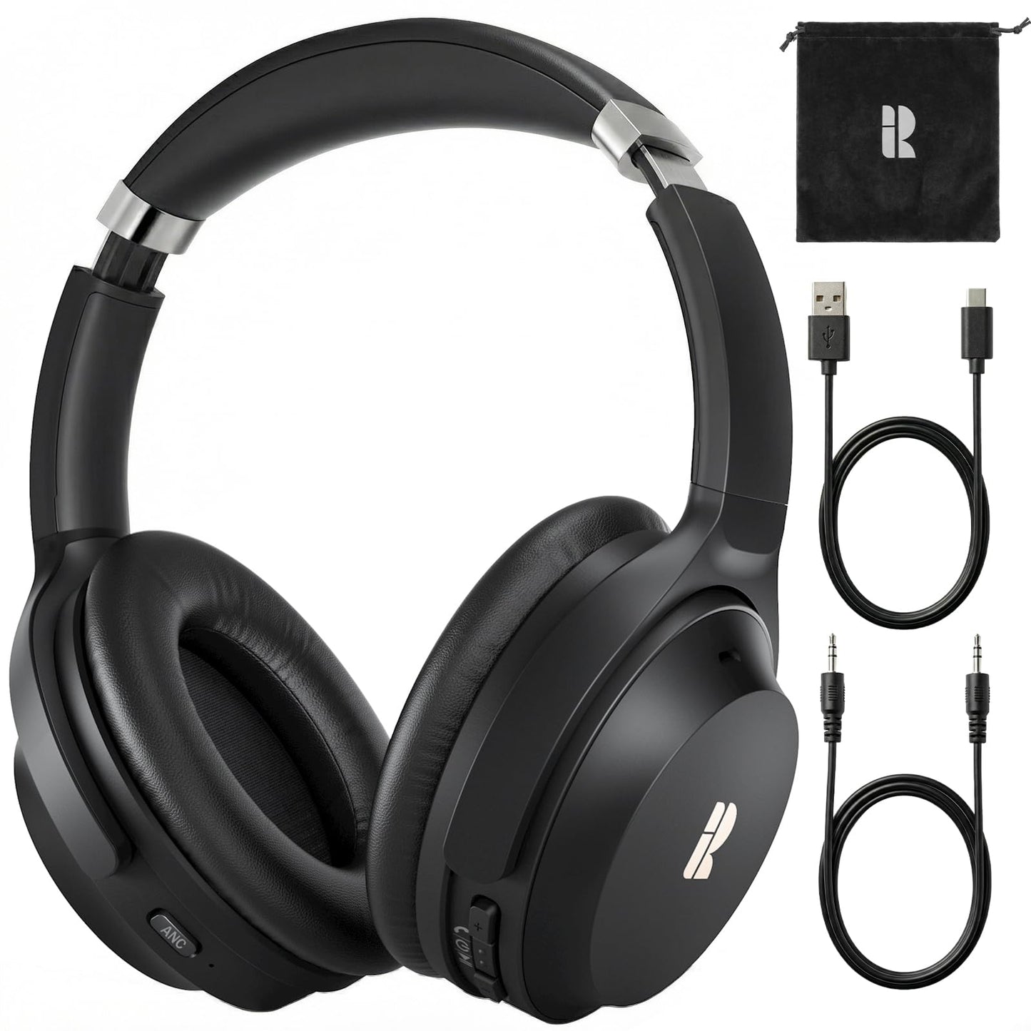 Active Noise Cancelling Headphones, Wireless Over-Ear Bluetooth Headphones ANC, Hi-Res Audio, 60H Playtime, Deep Bass, 3.5MM Cable, Memory Foam Ear…