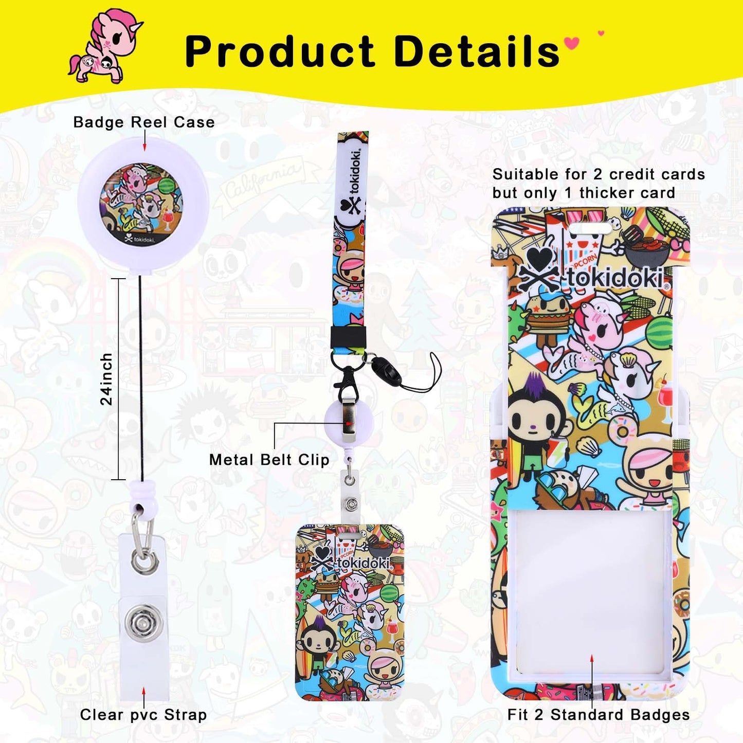Tokidoki 5Pack Lanyard with Retractable Reel, Funny ID Badge Holder with Breakaway Lanyard,Detachable Keychain for Nurse Officer Teacher Security