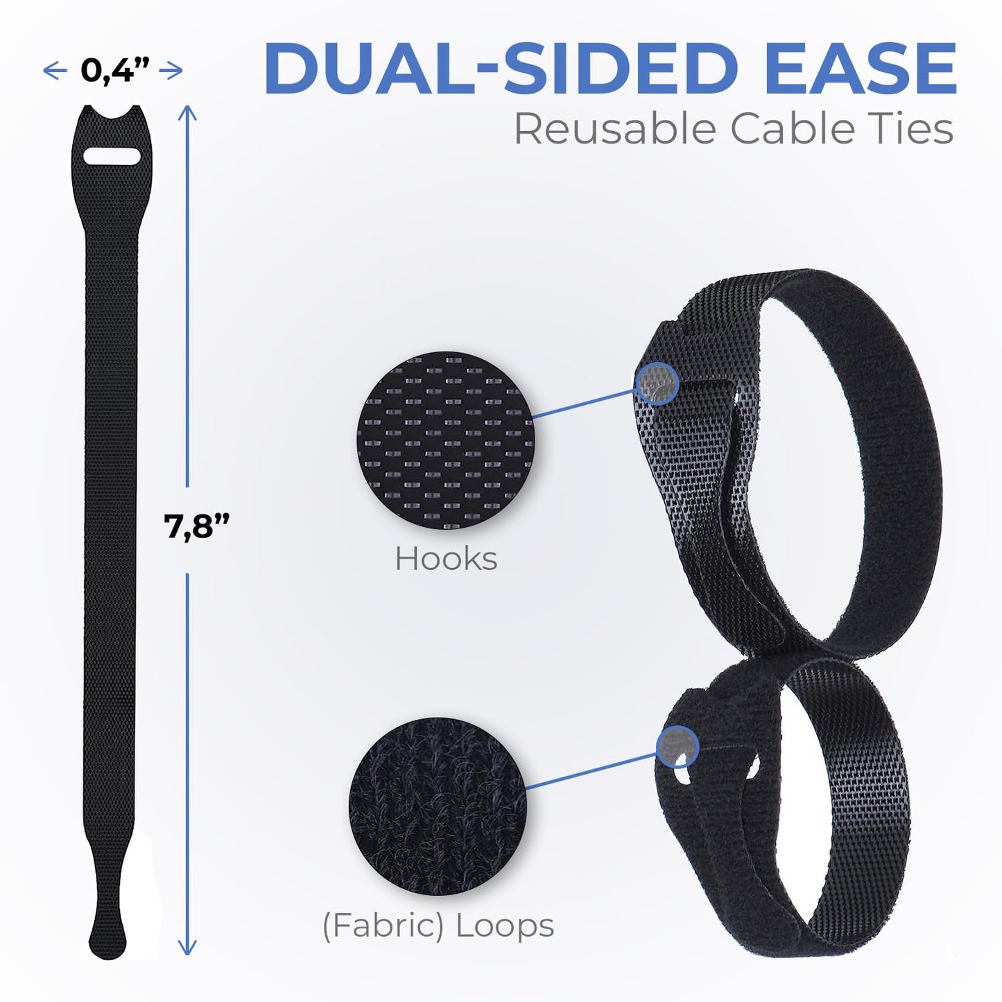 Starument Hook and Loop Cable Ties (8 x 1/2 inch, 100-pack), Premium Industrial Grade and Reusable Fastening Cord Straps for Home, Office