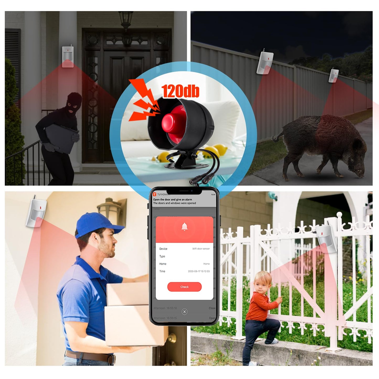 WiFi Alarm System for Home Security, 120dB Wireless Alarm Security System with Free Notification APP Control and Motion Sensor Siren, Remote Control