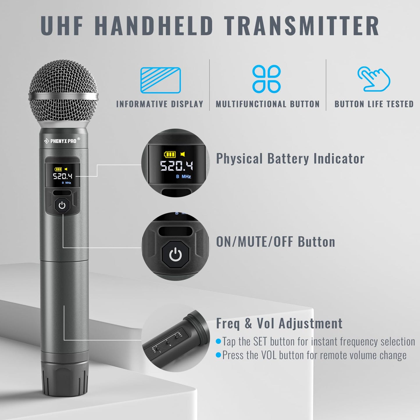Phenyx Pro Wireless Microphone System,Metal Wireless Mic Set w/Handheld/Bodypack/Headset/Lapel Mics,2 x 30 UHF Frequencies, 200 ft Range, Cordless Mic
