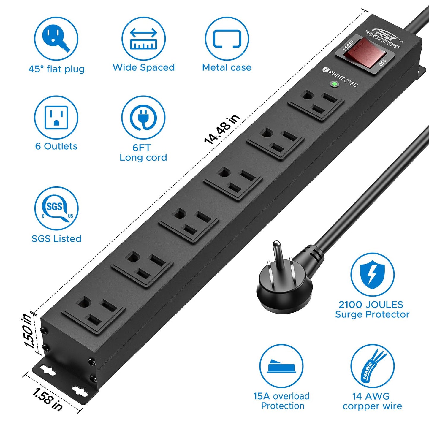 CRST 6 Outlet Heavy Duty Power Strip with Switch, 15A/1875W Metal Mountable Power Strip Surge Protector 2100Joules, Wide Spaced Power Bar for Garage