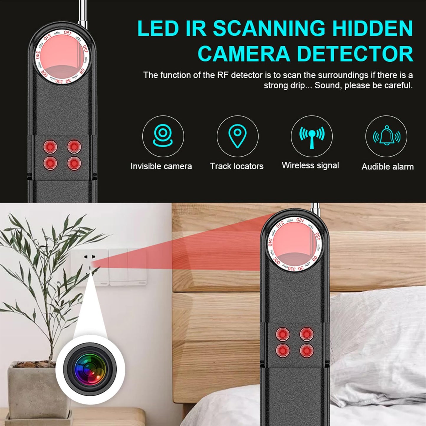 Hidden Camera Detector 2025 - GPS & Bug Detection for Hotels, Travel, Office | 6-Level Sensitivity | Hidden Device Scanner (Black)