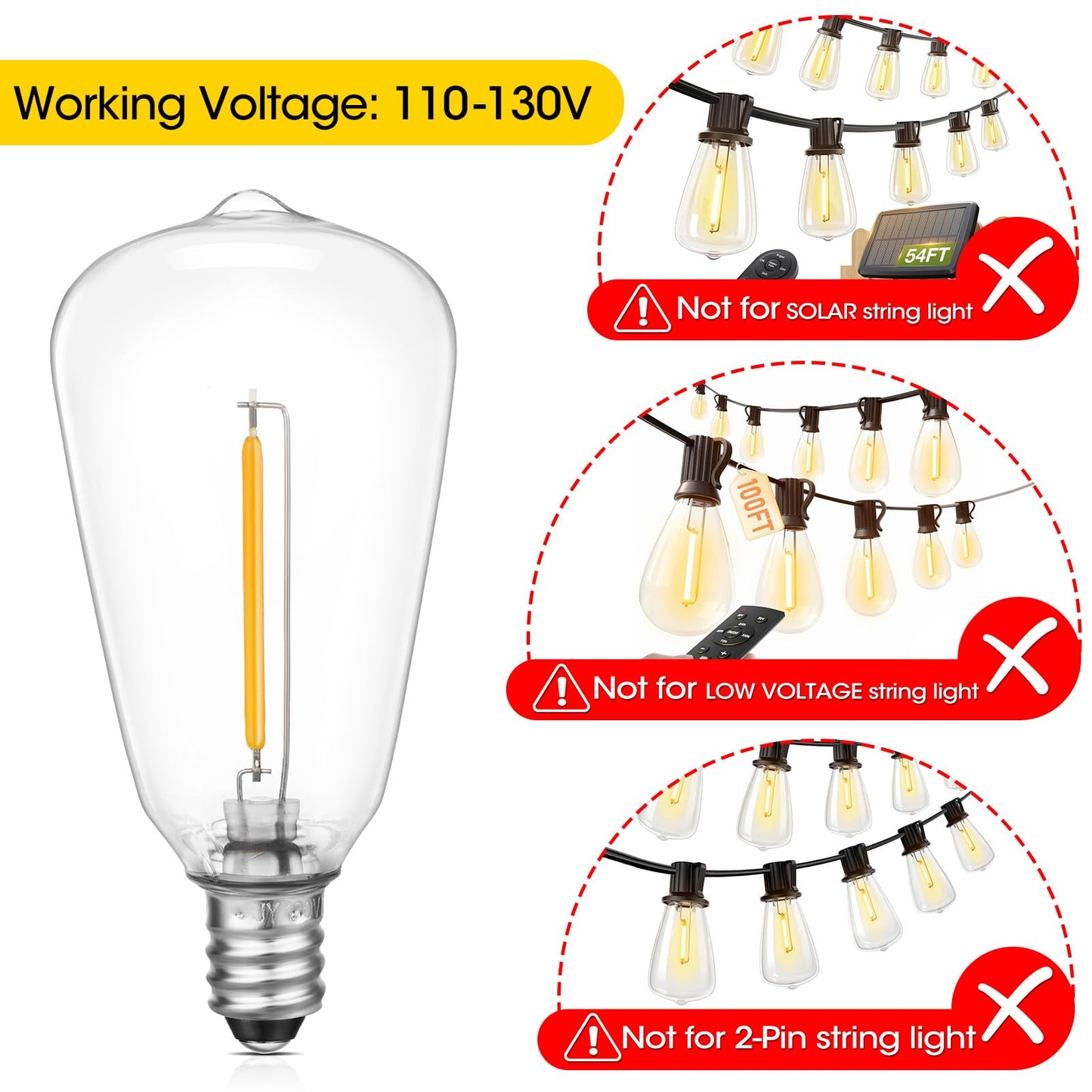 VISTERLITE E12 Base ST38 LED Replacement Bulbs for Outdoor String Lights