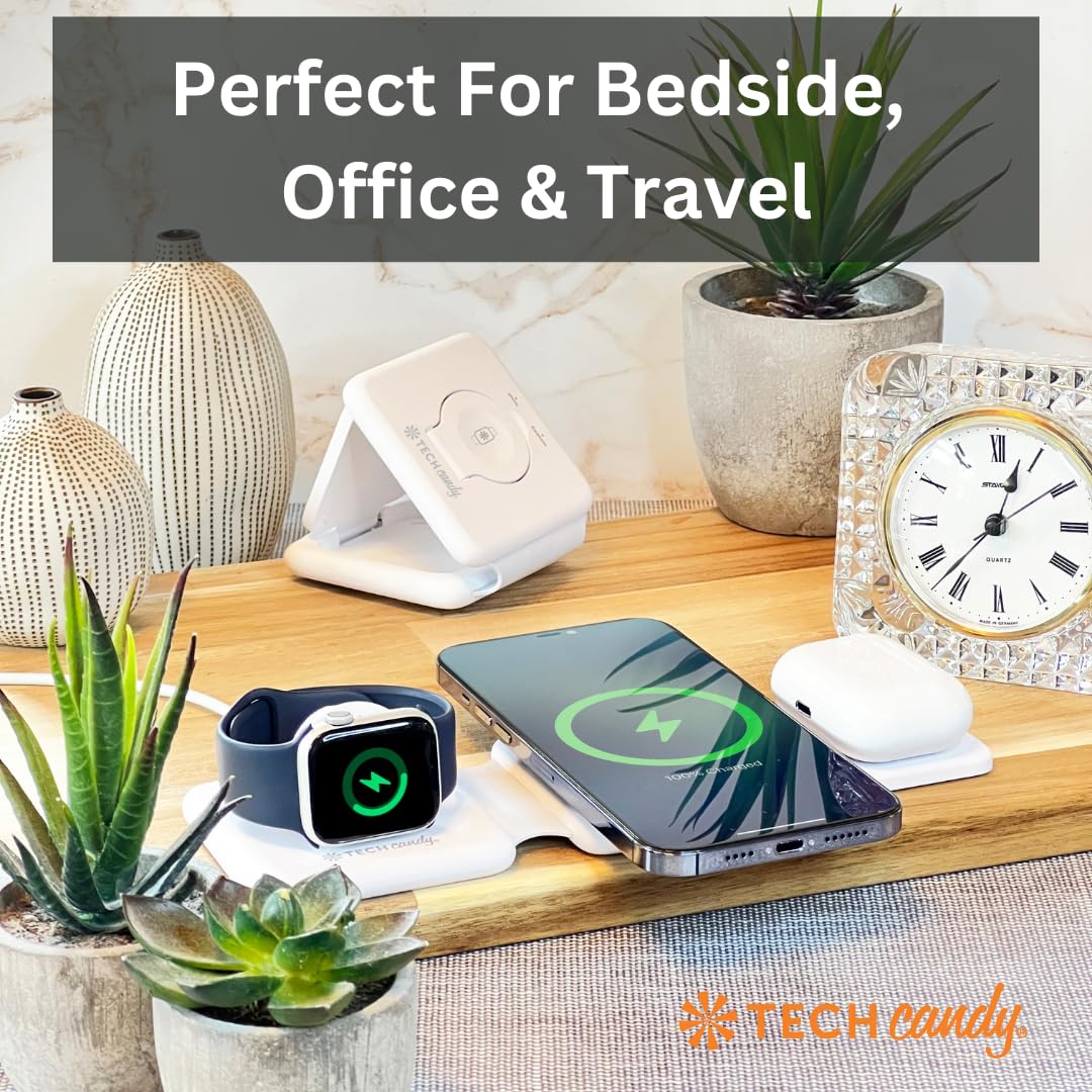 Tech Candy The Three Way Charging Valet Wireless Charging Pad - Charge 3 Devices at Once, Compact, Qi Charger for Travel, Foldable, 20W, Fast