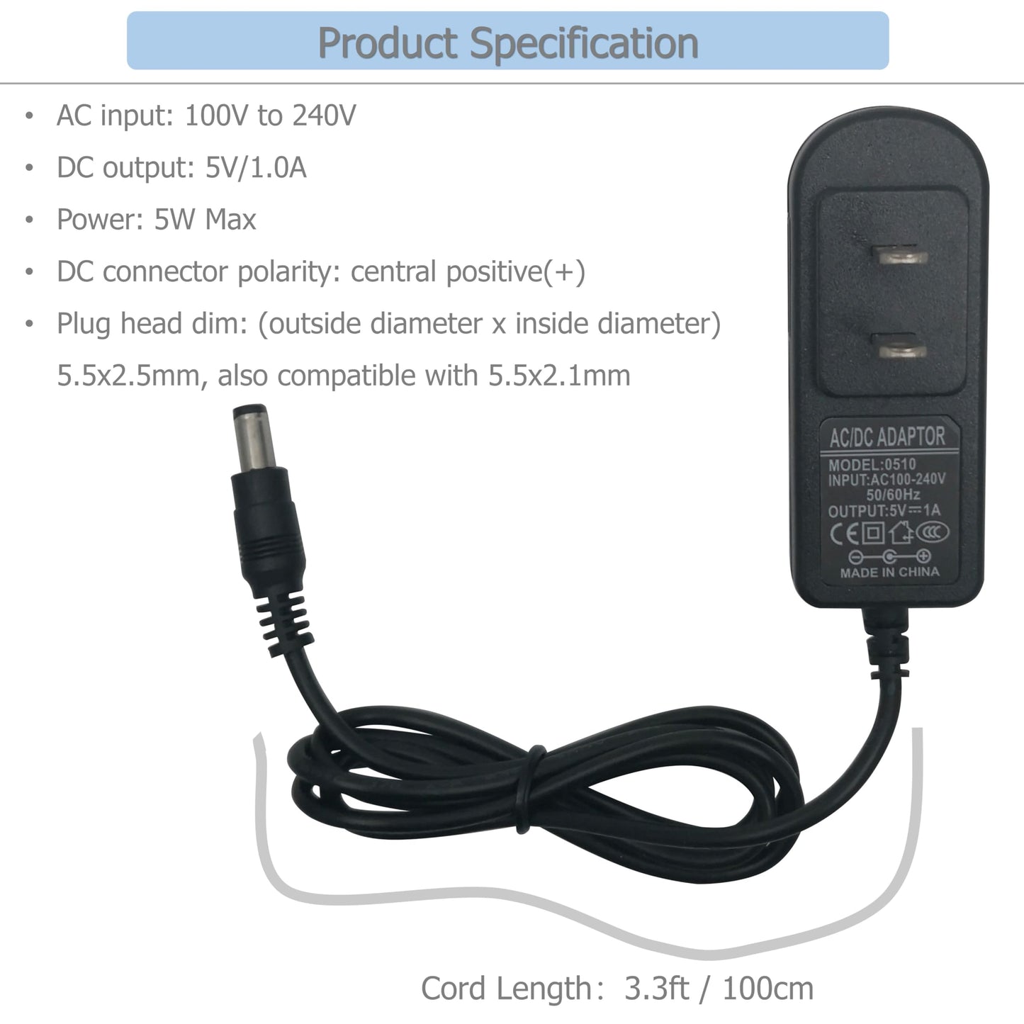 EIKS DC 5V 1A/1000mA Power Supply Adapter with Replacement 8 Plugs for USB Hub TV Box Camera Speaker