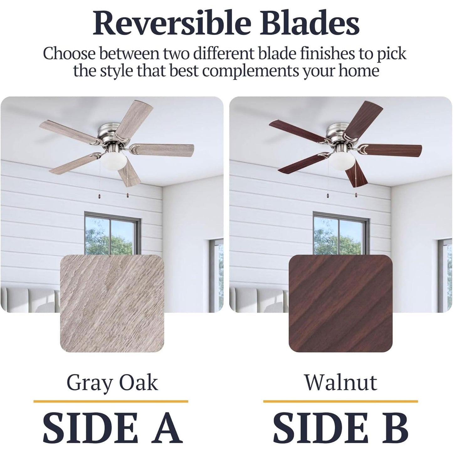 Prominence Home Alvina Traditional 44 Inch Ceiling Fan with Light, LED Flush Mount Ceiling Fan, Indoor Fan with 5 Blades, Gray Oak and Brown Walnut