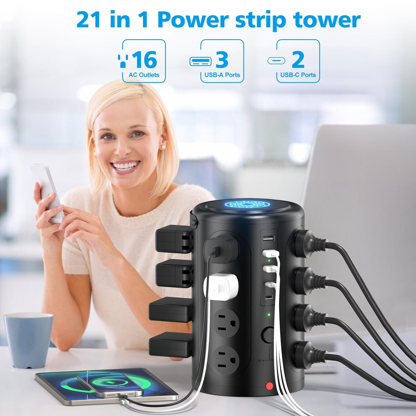 Tower Power Strip Surge Protector with 16 Outlets and 5 USB Ports (2 USB-C), 6FT Extension Cord with Multiple Outlets,Heavy Duty Charging Station,Home