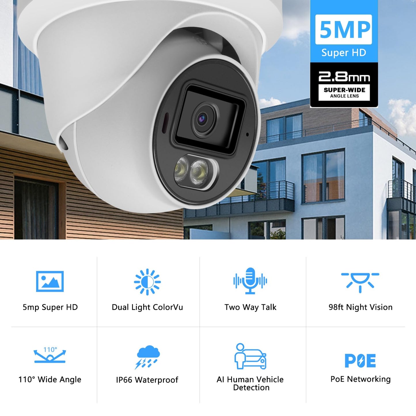 5MP Full Color Security IP Camera, 3K PoE IP Dome Security Camera with Smart Dual Light, Two Way Talk, 98ft Night Vision, 110°Wide Angle, IP66