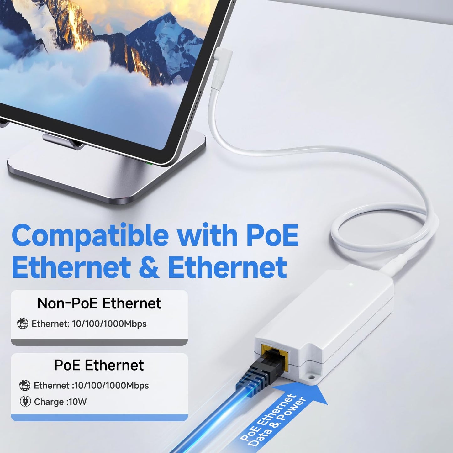 Gigabit PoE to USB C Converter for Smart Phone/Tablet USB-C to Ethernet