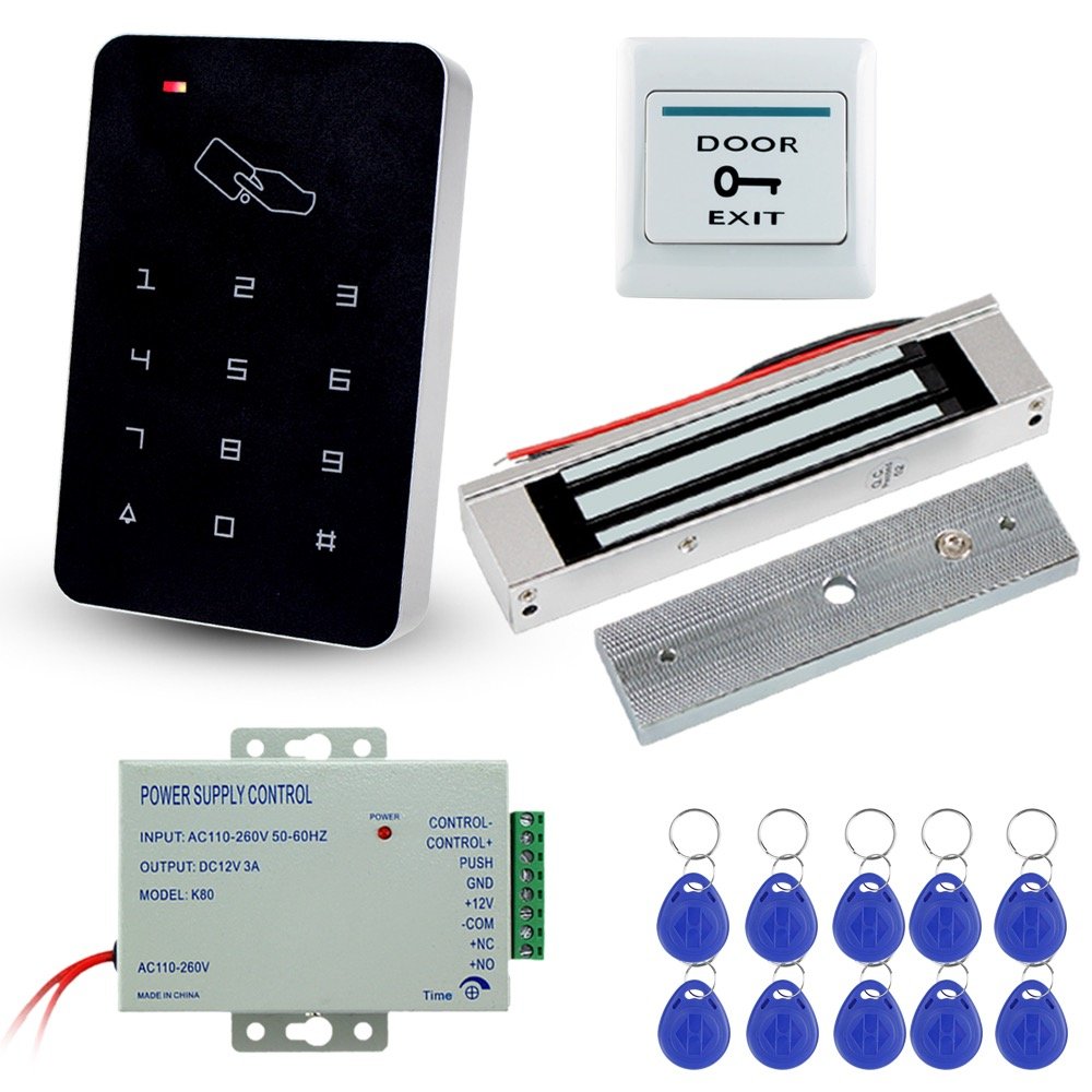 LIBO Stand-Alone Door Access Control System Kit Set with 180kg/350lbs Electric Magnetic Lock, DC12V/3A Power Supply, Door Exit Release Button, 10pcs