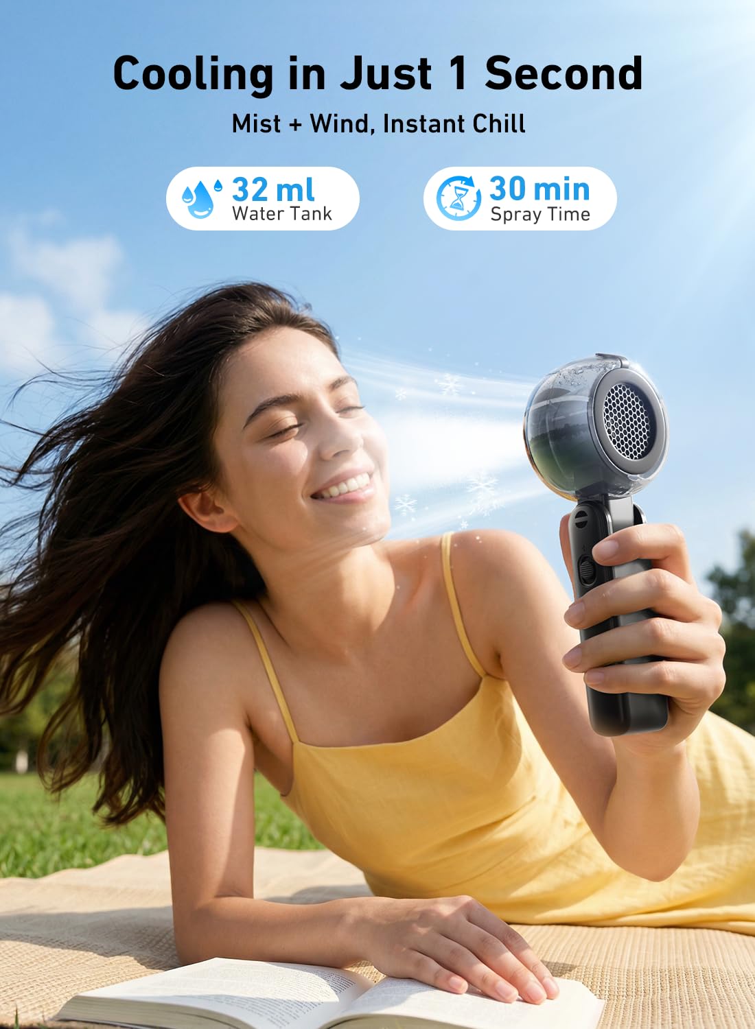 Handheld Misting Fan, 3-in-1 Foldable Cooling Portable Fan, 1-100 Stepless Speed, Desk & Neck Personal Fan for Outdoor (Black)