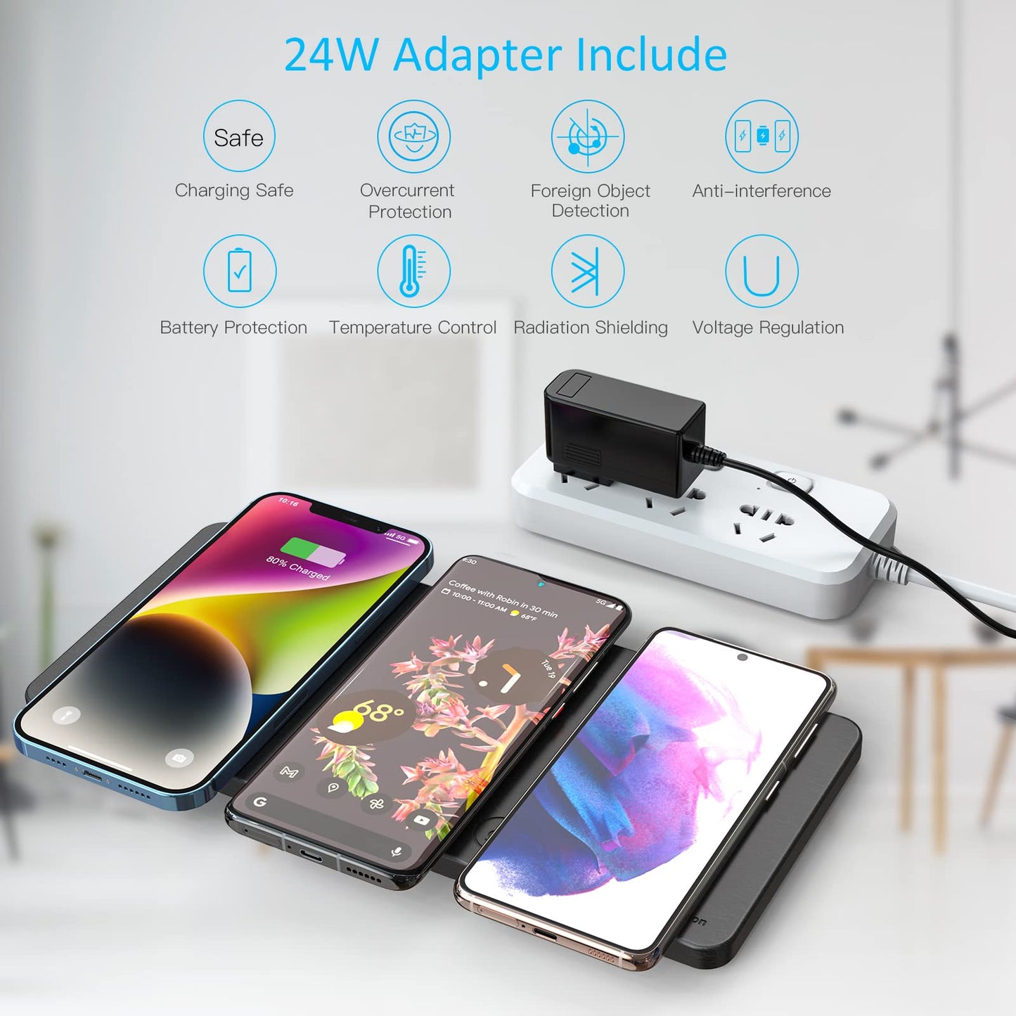 ZealSound Wireless Charging Pad, 3 in 1 Charger Mat for iPhone, Samsung Galaxy, Pixel, AirPods & Galaxy Buds, 24W Adapter Included, Ultra Slim, Case