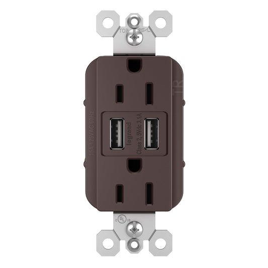 Legrand radiant TM826USBDBCCV4 15 Amp Decorator Duplex Tamper Resistant Outlet Receptacle with 3.1A Type A USB Charger, Dark Bronze (1 Count)